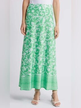 Vince Camuto Green and white Floral-Scroll Maxi Skirt